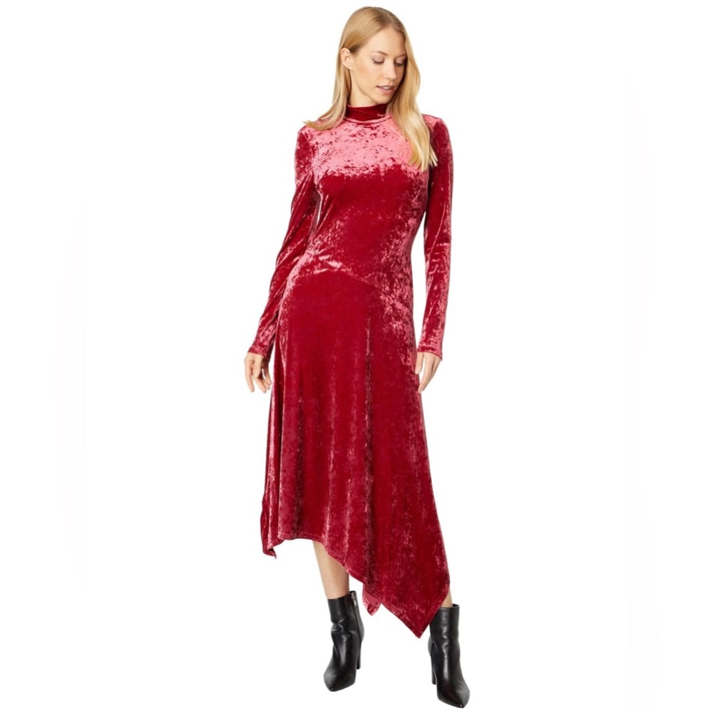 BCBGMAXAZRIA High Neck Midi Dress with Asymmetrical Hem